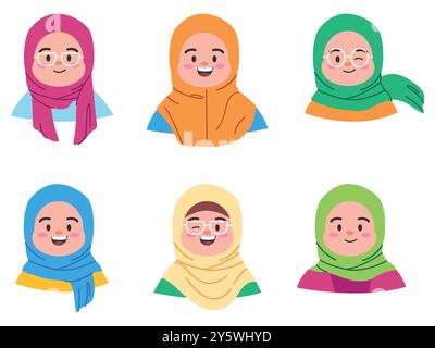 Mignon visage expressif hijab Muslimah islamique chibi caractère coloré Happy expression design set collection Illustration de Vecteur