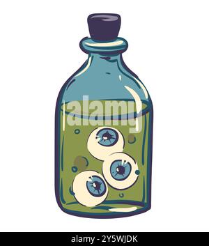 Illustration vectorielle d'une bouteille avec une potion. Fioles magiques avec potion verte et yeux pour sorcellerie, élixir de bande dessinée, poison et antidote. Style plat. Illustration de Vecteur