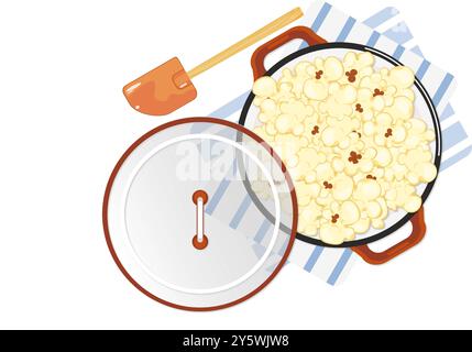 Illustration vectorielle de pop-corn emballé dans un pot avec un couvercle et des ustensiles de cuisine. Style dessin animé. Vue de dessus. Isolé sur un fond bleu pour film, cinem Illustration de Vecteur