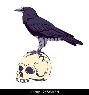 Corbeau noir debout sur un crâne humain. Illustration vectorielle pour Halloween. Animal totem magique et familier de la sorcière, guide de l'au-delà. Symbole de Illustration de Vecteur