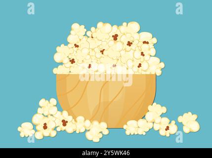 Illustration vectorielle de pop-corn emballé dans un bol en bois, style de bande dessinée, isolé sur un fond bleu pour le film, le cinéma, la nourriture, le théâtre et le design. Illustration de Vecteur