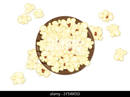 Illustration vectorielle de pop-corn emballé dans un bol, style de bande dessinée, vue de dessus, isolé sur fond bleu pour le film, le cinéma, la nourriture, le théâtre et la conception. Illustration de Vecteur