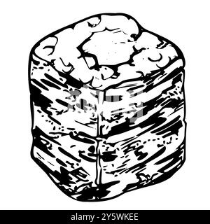 Cuisine japonaise traditionnelle, rouleaux de sushi maki poisson cru thon saumon bar avocat concombre kappa, enveloppement nori d'algues, dessiné à la main dans un stylo vectoriel et à l'encre Illustration de Vecteur