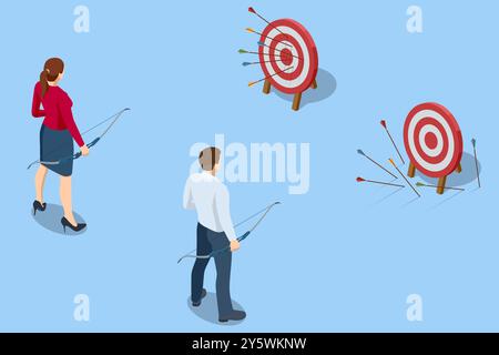 Isométrique Creative Business les personnes, les gestionnaires et les employés discutent des stratégies pour atteindre les objectifs et réussir. Travail d'équipe, analyse, affaires, carrière Illustration de Vecteur