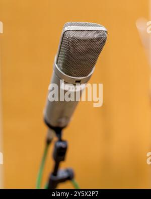 Un microphone de studio avec un corps de grille argenté monté sur un pied, net dans la mise au point sur un fond orange flou. Banque D'Images