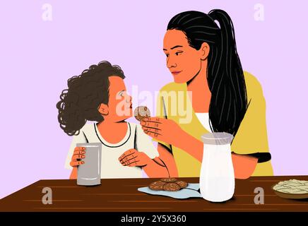 Mère et enfant appréciant les biscuits et le lait à une table avec une cruche en verre. Banque D'Images