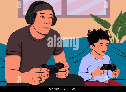 Deux personnes jouant à des jeux vidéo avec des expressions ciblées dans un cadre de pièce confortable. Banque D'Images