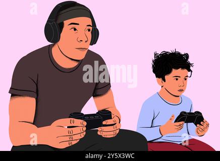 Adulte et enfant plongés dans les jeux vidéo avec des manettes. Banque D'Images