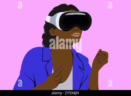 Femme en veste bleue expérimentant la réalité virtuelle portant un casque VR sur un fond rose. Banque D'Images