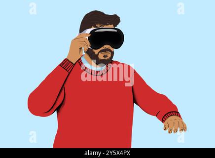 Homme en pull rouge utilisant un casque de réalité virtuelle sur un fond bleu Banque D'Images