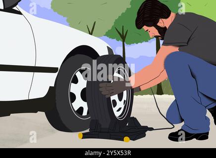 Homme changeant un pneu de voiture sur le bord de la route avec un cric placé sous le véhicule. Banque D'Images