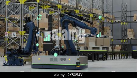 Image des icônes de traitement des données et d'écologie au-dessus de l'entrepôt Banque D'Images