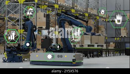 Image des icônes de traitement des données et d'écologie au-dessus de l'entrepôt Banque D'Images