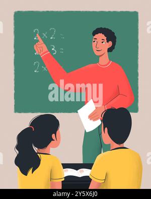 L'enseignant se tient près d'un tableau pour expliquer un problème de mathématiques à des élèves attentifs dans une salle de classe. Banque D'Images
