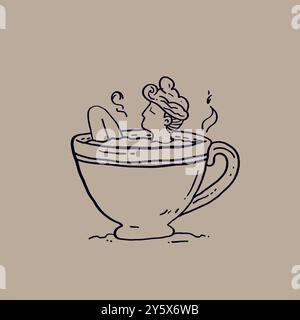 Illustration dessinée à la main d'une femme se baignant dans une tasse à café avec de la vapeur s'élevant de la boisson. Banque D'Images