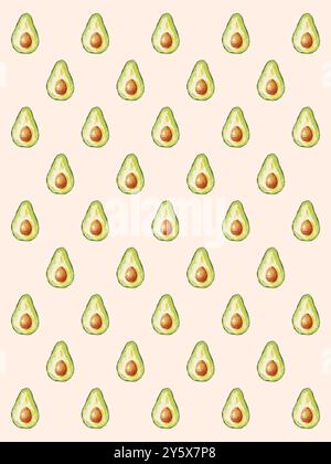Motif de moitiés d'avocat disposées en rangées sur un fond rose clair. Banque D'Images