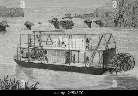 Exploration de l'Afrique centrale. À la mi-1883, Henry Morton Stanley (1841-1904), qui explorait le Congo avec beaucoup de difficultés, demanda à l'Association internationale africaine (Association internationale pour l'exploration et la civilisation de l'Afrique centrale), dont le président était le roi Léopold II de Belgique (1835-1909), un bateau fluvial léger qui pouvait être facilement transporté par voie terrestre lorsque la navigation était interrompue par des caractéristiques géographiques. L'Association a transmis la commission aux constructeurs navals Yarrow & Company, à l'extérieur de Londres. Le navire se composait de six sections en acier galvanisé, lequel wer Banque D'Images