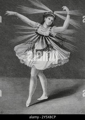 France. Opéra de Paris. La Farandole. Ballet en trois actes du compositeur français Théodore Dubois (1837-1924), 1883. Danseuse lors d'une performance de 'la Farandole', présentée mi-décembre 1883, ornée de bijoux électriques, système trouvé. Dans la scène de 'la tentation', qui se déroule dans l'amphithéâtre d'Arles, un applaudissement unanime du public a salué l'apparition des fées arlésiennes portant des bijoux et des couleurs éclatantes sur leurs diadèmes, colliers et salopettes, comme représenté dans la gravure. Dessin de Manuel Nao (1843-1884). Gravure par Vela. La Ilustración Española y Americana Banque D'Images