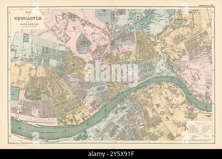 NEWCASTLE-UPON-TYNE & Gateshead plan de ville GW BACON 1895 ancienne carte antique Banque D'Images