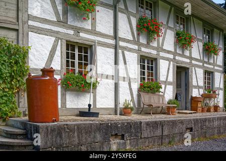 Maison d'artisan, 1779, extérieur, tonneau en cuivre, boîtes de fenêtre, fleurs, banc, Ballenberg Swiss Open-Air Museum, Europe, Brienz, Suisse Banque D'Images