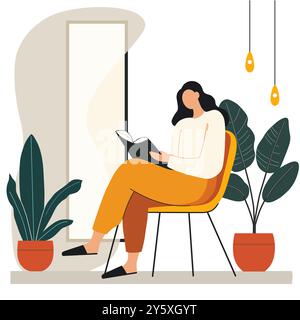 Femme lisant un livre assis sur une chaise dans l'intérieur moderne de la maison. Illustration vectorielle Illustration de Vecteur