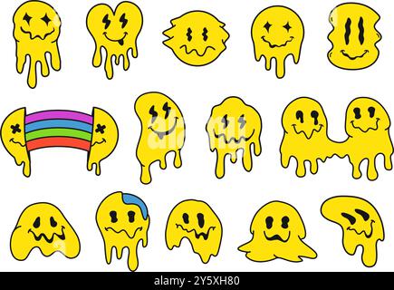 Visages de sourire Trippy. Visage emoji fondu Drippy, autocollant blob drôle et expressions faciales psychédéliques heureuses. Sourires qui coulent dans une rave rétro acide Illustration de Vecteur