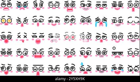 Expressions faciales de dessins animés modernes. Émotions et humeurs, sourcils griffonneux, yeux et formes de bouche pour la conception drôle de personnage de mascotte. Visages comiques isolés Illustration de Vecteur