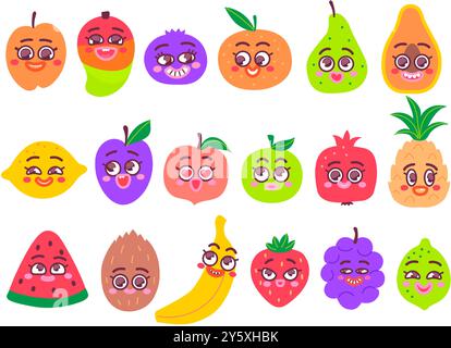 Mascottes de fruits de dessin animé. Baies et fruits sucrés drôles avec des visages mignons et des expressions faciales heureuses. Personnages de nourriture saine pour les enfants, isolé et ludique Illustration de Vecteur