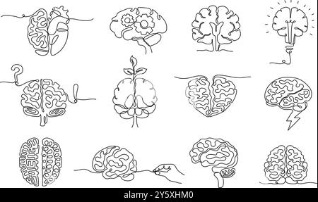 Une ligne continue des cerveaux humains. Croissance de l'innovation, santé mentale, idée de pensée créative, illustration vectorielle de concept minimaliste du cœur et du cerveau Illustration de Vecteur