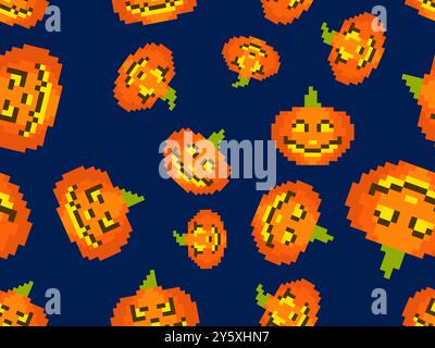 Citrouilles d'Halloween dans un modèle sans couture de style pixel art. citrouilles pixel rétro 8 bits avec visages effrayants sculptés. Design Jack-o-lanterne pour le ruban mural Illustration de Vecteur