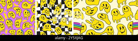 Motif sourire trippy. Visages emoji psychédéliques rétro dans la rave acide ou l'esthétique Y2K, visage de blob fondu drippy et vecteur drôle de motifs sans couture souriant Illustration de Vecteur