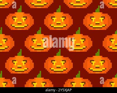 Citrouilles d'Halloween dans un modèle sans couture de style pixel art. citrouilles pixel rétro 8 bits avec visages effrayants sculptés. Design Jack-o-lanterne pour le ruban mural Illustration de Vecteur