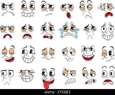 Émotions de dessin animé rétro. Expressions faciales, des visages drôles dessinés à la main de dessins animés avec des yeux de tarte pour la conception de personnages de style d'animation de tuyau en caoutchouc 1930 Illustration de Vecteur