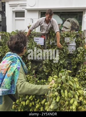 Angleterre, Kent, Faversham, Festival annuel du Hop, Farmer Selling Hop Vines Banque D'Images