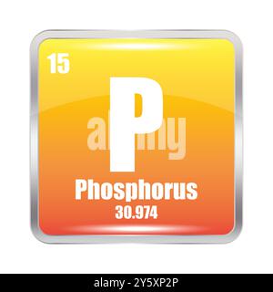 Symbole de l'élément phosphore. P abréviation. Numéro atomique 15. Masse atomique 30.974. Illustration de Vecteur