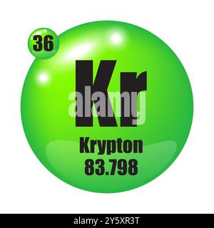 Icône Krypton. Elément chimique KR. Numéro atomique 36. Masse 83.798. Sphère verte. Illustration de Vecteur