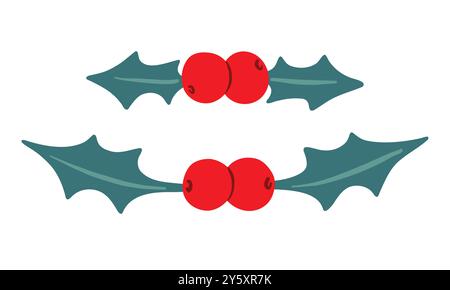 Icône de vecteur de baie de houx de Noël, feuille, branche d'ilex rouge, plante de Noël isolée sur fond blanc. Illustration de vacances de dessin animé Illustration de Vecteur