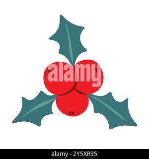 Icône de vecteur de baie de houx de Noël, feuille, branche d'ilex rouge, plante de Noël isolée sur fond blanc. Illustration de vacances de dessin animé Illustration de Vecteur