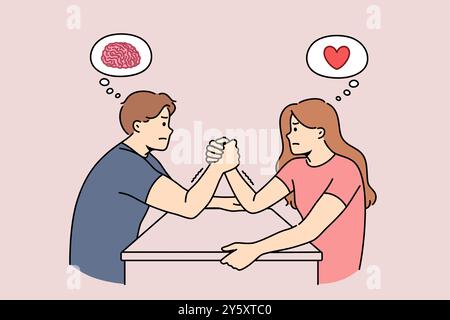 Conflit de genre entre l'homme et la femme engagés dans la lutte au bras, et la pensée avec le cœur ou le cerveau. Différence les manières rationnelles et émotionnelles de penser provoquent des conflits de genre au couple Illustration de Vecteur