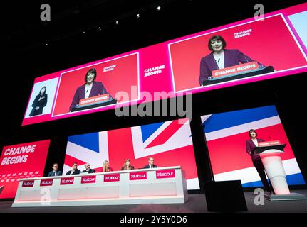 Liverpool, Royaume-Uni. 23 septembre 2024. 23 septembre 2024. Rachel Reeves discours de la chancelière lors de la deuxième journée de la conférence du Parti travailliste 2024 à Liverpool Royaume-Uni. Photo : garyroberts/worldwidefeatures.com photo : garyroberts/worldwidefeatures.com crédit : GaryRobertsphotography/Alamy Live News crédit : GaryRobertsphotography/Alamy Live News Banque D'Images