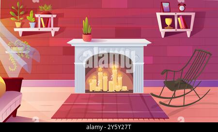 Intérieur confortable et confortable de la chambre à la maison avec bougie et cheminée Illustration de Vecteur