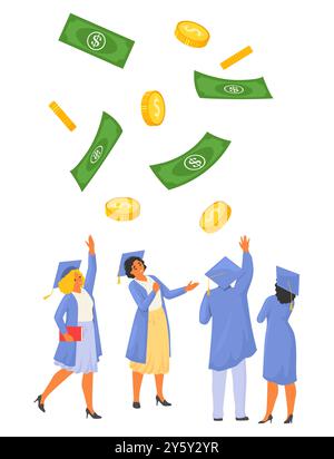 Étudiants diplômés de l'école de commerce debout sous la pluie d'argent Illustration de Vecteur