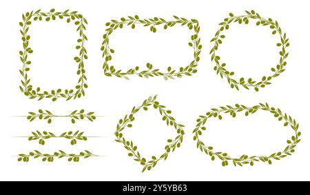 Feuilles d'olivier encadrent et bordent les branches d'arbres verts et les fruits, l'huile d'olive vecteur, l'agriculture et la nourriture méditerranéenne. Jeu de cadres de couronne ronds et carrés isolés, de lignes de bordure et de séparateurs Illustration de Vecteur