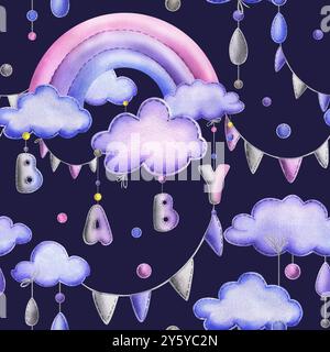 A stitched rainbow with clouds and letters BABY, garland flags, dots hanging from ropes in blue, purple and pink. Cute hand drawn watercolor Banque D'Images