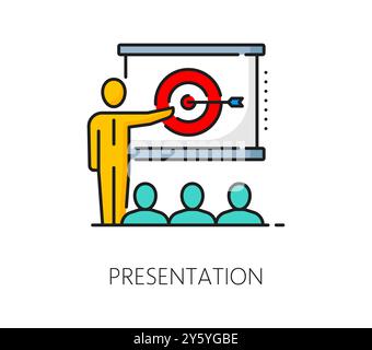Recrutement, icône de ligne de couleur de présentation du poste. Pictogramme de vacance de chasseur de tête, symbole de vecteur de ligne mince de candidat de recrutement de l'emploi ou des ressources humaines avec la personne d'affaires faisant la présentation Illustration de Vecteur