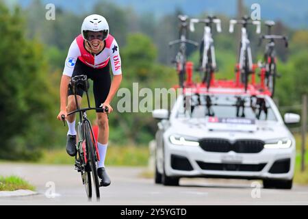 Jan CHRISTEN (Suisse, Suisse, sui) in Aktion während des Men U23 Einzelzeitfahrens der Männer (Junior Individual Time Trial ITT) BEI den UCI Road World Championships : 24, 9 kilomètres rund um Zürich) BEI den UCI-Straßen- und para-Cycling-Straßenweltmeisterschaften 2024 am Montag, den 23. Septembre 2024, à Zürich, Schweiz. Die Radsport Wm findet vom 21. bis 29. Septembre 2024 um und in Zürich im Rahmen der 2024 UCI Road and para-cycling Road World Championships statt. Banque D'Images