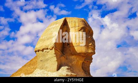 Vue rapprochée du visage du Grand Sphinx de Gizeh, dit ressembler au pharaon Khafre avec son nez endommagé par une journée ensoleillée brillante sur le plateau de Gizeh Banque D'Images