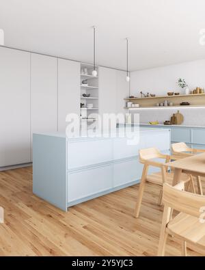 Rendu 3D d'une cuisine de style scandinave lumineuse et spacieuse. Banque D'Images