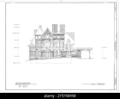 Élévation sud - Mark Twain House - dessin HABS - plan de maison - 531 Farmington Avenue, Hartford, Connecticut, États-Unis Banque D'Images