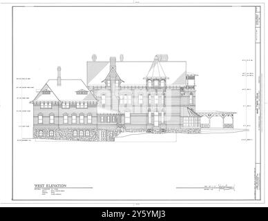 Élévation ouest - Mark Twain House - dessin HABS - plan de maison - 531 Farmington Avenue, Hartford, Connecticut, États-Unis Banque D'Images